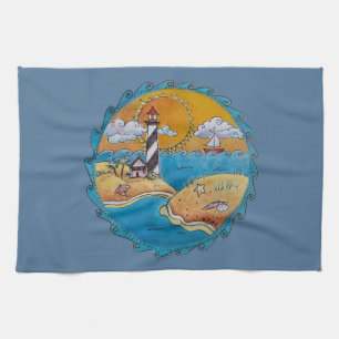 Whimsical Lighthouse Beach Scene Coastal Folk Art Tea Towel