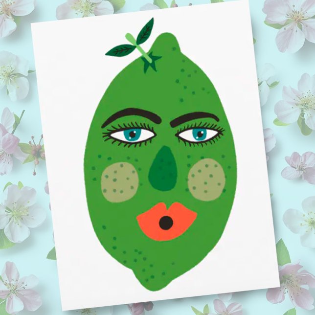 Whimsical Lime Postcard (Funny whimsical lime fruit with a face. Customize with your own text)