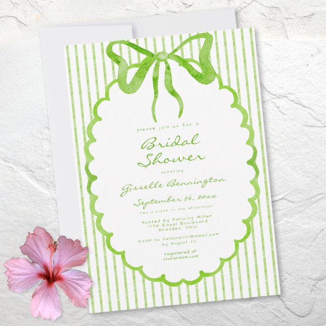 Whimsical Lime Watercolor Bow Stripe Bridal Shower Invitation (Whimsical Lime Watercolor Bow Stripe Bridal Shower Invitation)