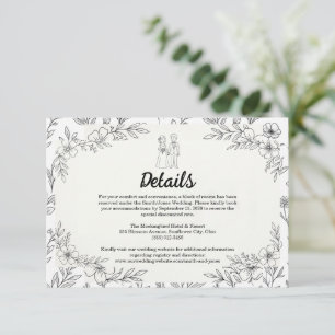Whimsical Line Art Floral Wedding Details Card