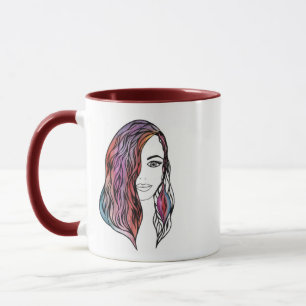 Whimsical Line Art Girl Colourful Watercolor Hair Mug