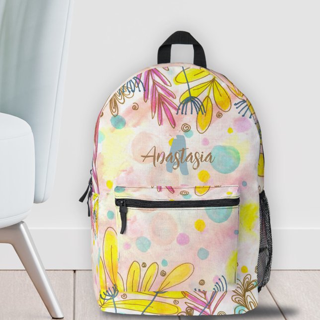 Whimsical Line Art  Watercolor Splashes and Name Printed Backpack (Creator Uploaded)