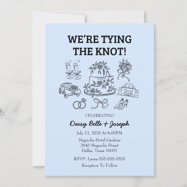 Whimsical Line Art Wedding Blue Invitation (Front)