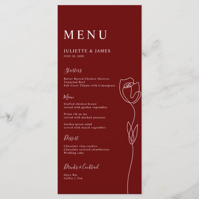 Whimsical Line Rose Menu Card (Front)