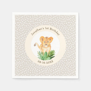 Whimsical Lion Cub Forest Woodland Dotted Birthday Napkin