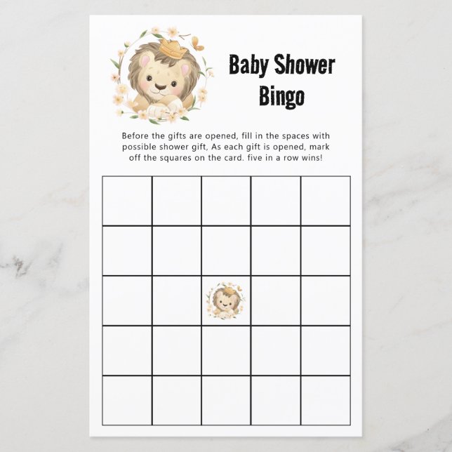 Whimsical Lion King Baby Shower Jungle Bingo Game (Front)