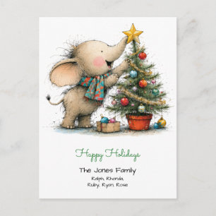 Whimsical Little Elephant with Christmas Tree Postcard