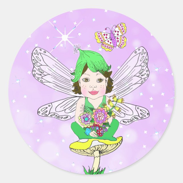 Whimsical Little Elf Fairy, Mushroom and Butterfly Classic Round Sticker (Front)