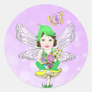 Whimsical Little Elf Fairy, Mushroom and Butterfly Classic Round Sticker
