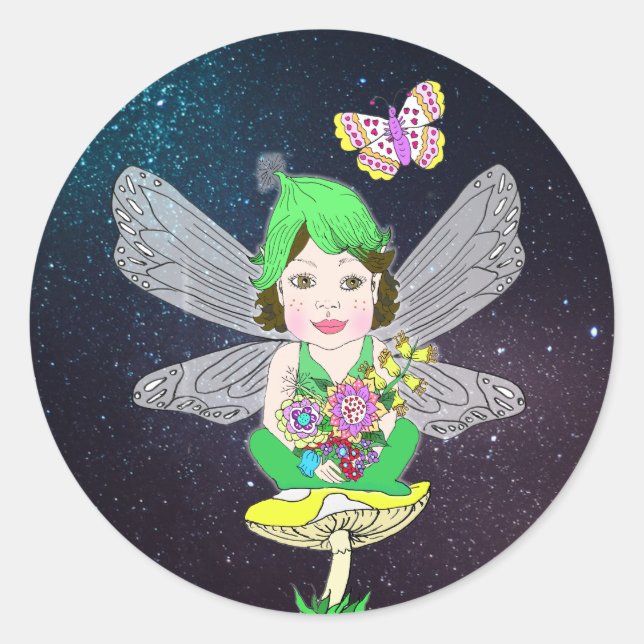 Whimsical Little Elf Fairy, Mushroom and Butterfly Classic Round Sticker (Front)