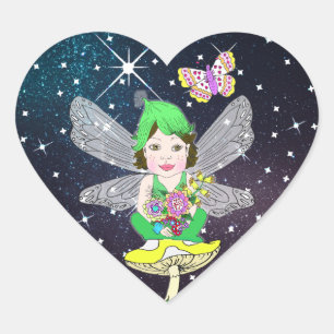 Whimsical Little Elf Fairy, Mushroom and Butterfly Heart Sticker