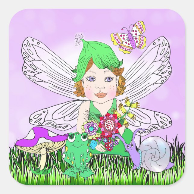 Whimsical Little Elf Fairy, Mushroom and Butterfly Square Sticker (Front)