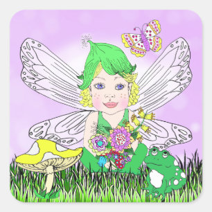 Whimsical Little Elf Fairy, Mushroom and Butterfly Square Sticker