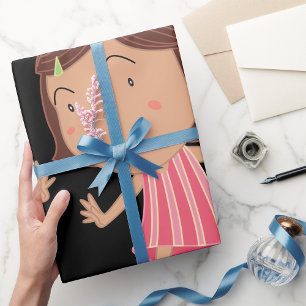 Whimsical Little Girl in Pink Striped Dress Wrapping Paper