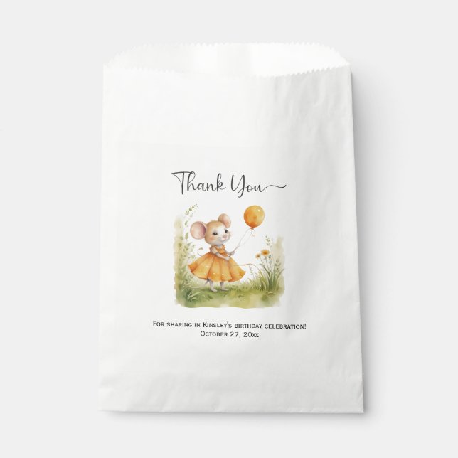 Whimsical Little Girl Mouse Birthday | Favour Bag (Front)