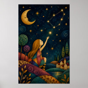 WHIMSICAL LITTLE GIRL REACHING FOR STARS POSTER