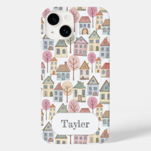 Whimsical Little Houses Illustration Custom Name Case-Mate iPhone 14 Case