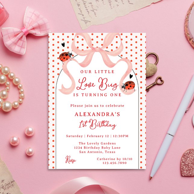 Whimsical Little Love Bug Ladybug 1st Birthday Invitation (Creator Uploaded)