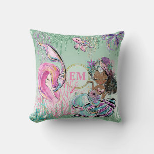 Whimsical Little Mermaids Under the Sea Monogram Cushion