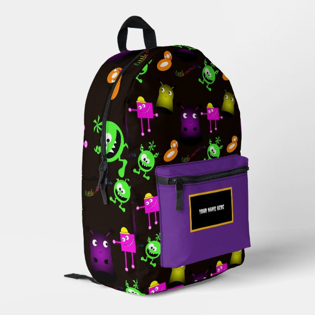 Whimsical little monsters on dark background printed backpack (Back Corner Left)