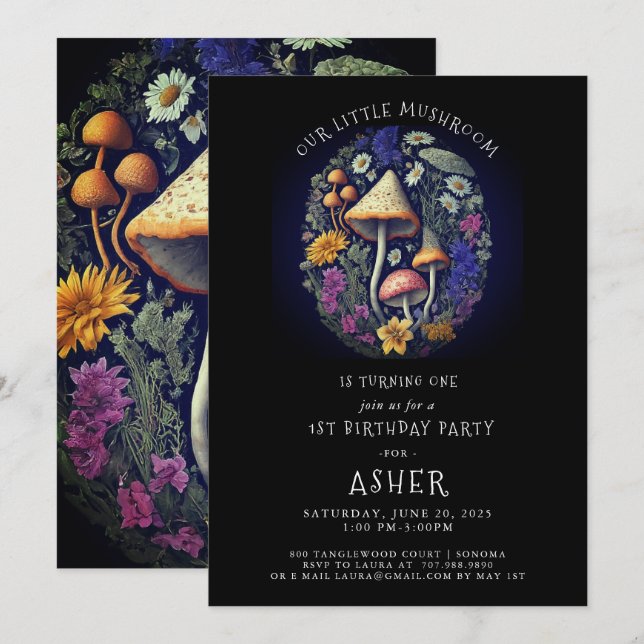Whimsical Little Mushroom 1st Birthday Party Invitation (Front/Back)