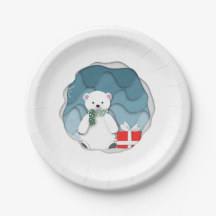 Whimsical Little Polar Bear with Red Present Paper Plate