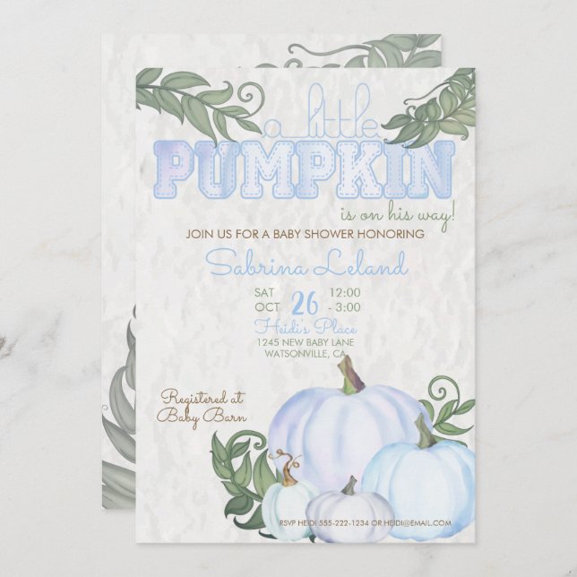 Whimsical Little Pumpkin Blue Boy Baby Shower Invitation (Front/Back)