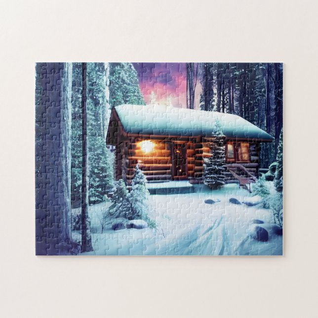 Whimsical Little Rustic Log Cabin In The Woods Jigsaw Puzzle (Horizontal)