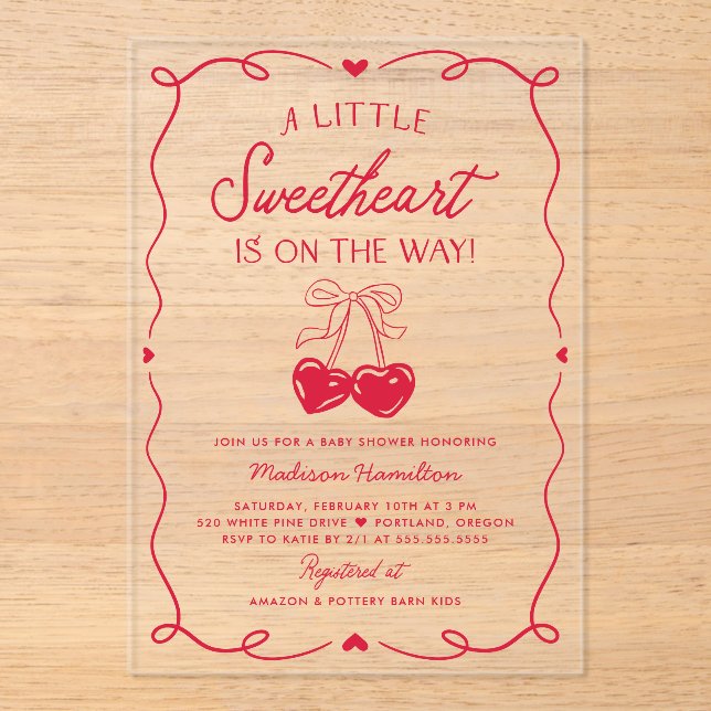 Whimsical Little Sweetheart Valentines Baby Shower Acrylic Invitations (Front)