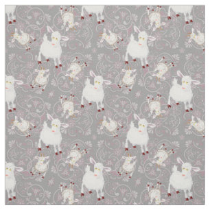 Whimsical Little White Goats and Flowers Fabric