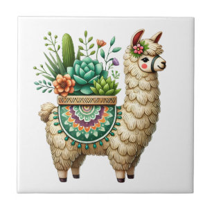 Whimsical Llama and Plants Ceramic Tile