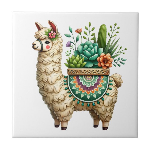 Whimsical Llama and Plants Ceramic Tile (Front)