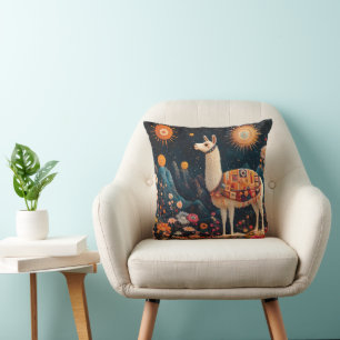 Whimsical Llama in a Starry Floral Landscape Cushion