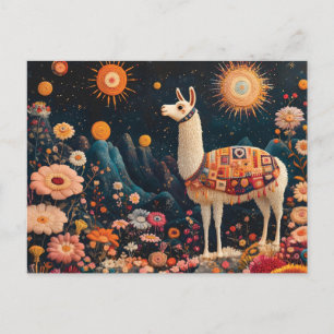 Whimsical Llama in a Starry Floral Landscape Holiday Postcard