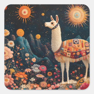 Whimsical Llama in a Starry Floral Landscape Square Sticker