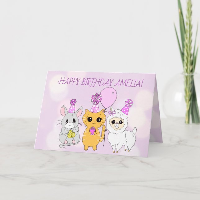 Whimsical Llama, Kitten and Mouse Girl's Birthday Card (Front)