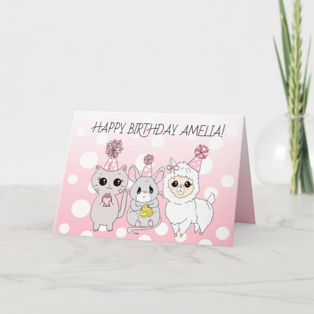 Whimsical Llama, Kitten and Mouse Girl's Birthday Card (Front)