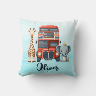 Whimsical London Bus with Giraffe & Elephant Cushion