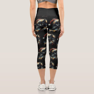 Whimsical Long Hair Black Cat Santa Christmas Hat Capri Leggings