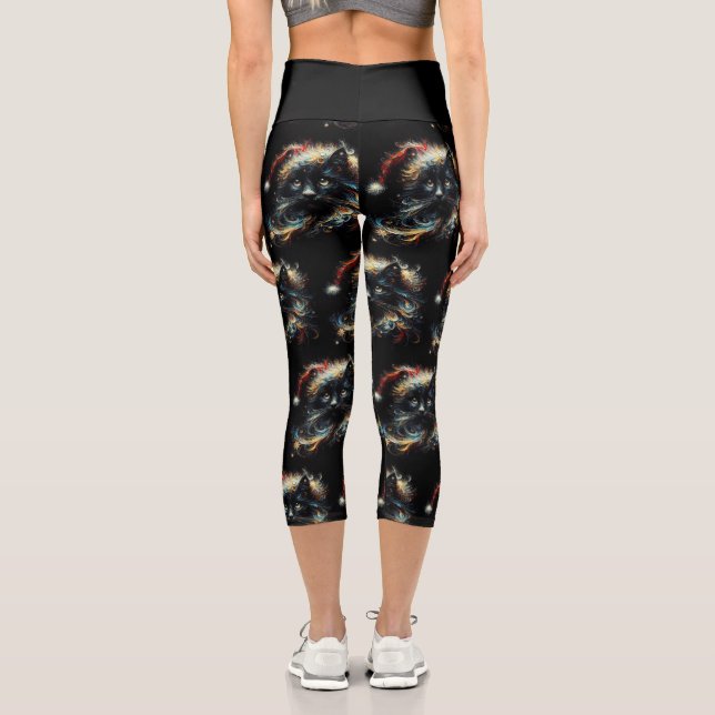 Whimsical Long Hair Black Cat Santa Christmas Hat Capri Leggings (Back)