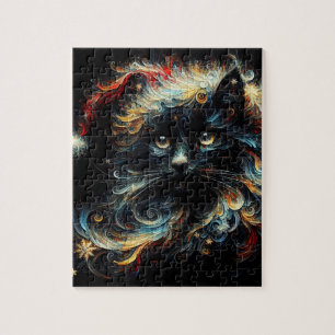 Whimsical Long Hair Black Cat Santa Christmas Hat Jigsaw Puzzle