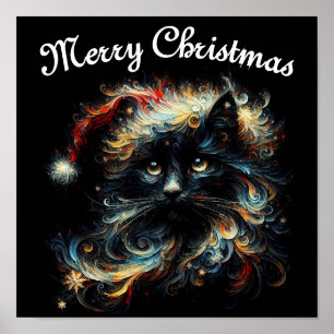 Whimsical Long Hair Black Cat Santa Christmas Hat Poster