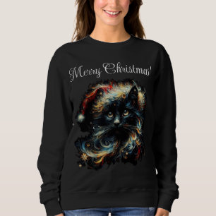 Whimsical Long Hair Black Cat Santa Christmas Hat Sweatshirt