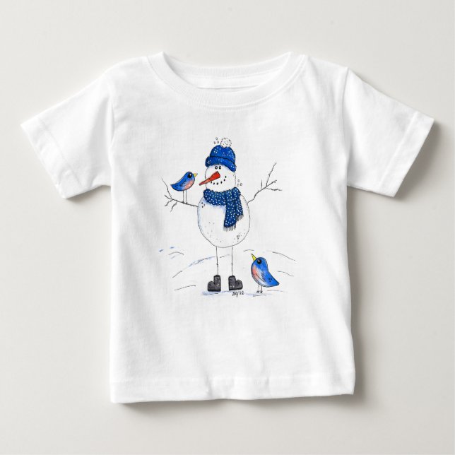Whimsical Long-Legged Snowman Baby T-Shirt (Front)