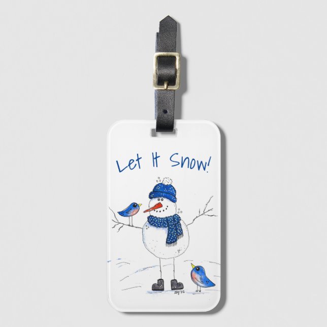 Whimsical Long-Legged Snowman Luggage Tag (Front Vertical)