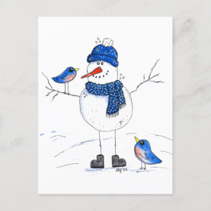 Whimsical Long-Legged Snowman Postcard