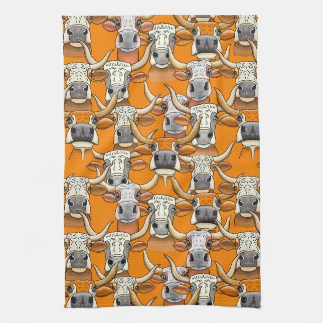 Whimsical Longhorn Cattle Portraits Tea Towel (Vertical)