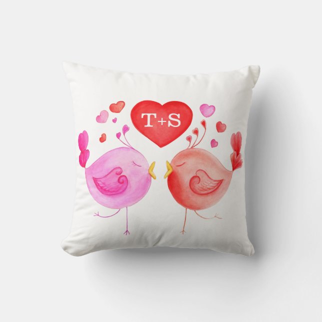 Whimsical love birds custom watercolor pillow (Front)