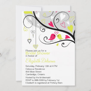 Whimsical Love Birds Grey Bridal Shower Invitation