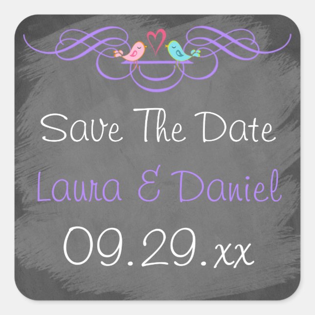 Whimsical Love Birds on Chalkboard Wedding Sticker (Front)